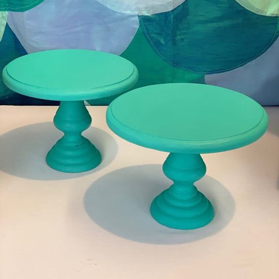 Blue painted wooden cake stand - small